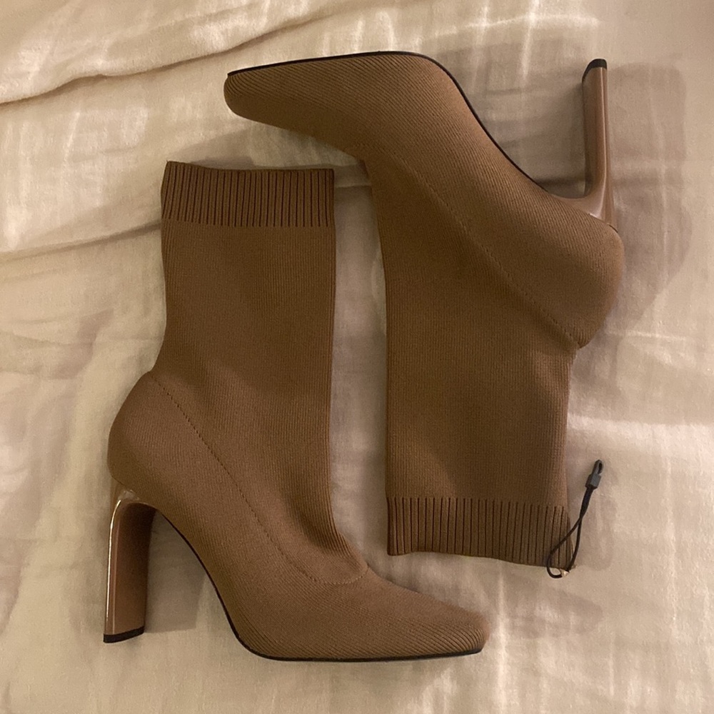 Zara HEELED SOCK STYLE ANKLE STRETCHY BOOTS SQUARE TOE BROWN SIZE 7.5 women